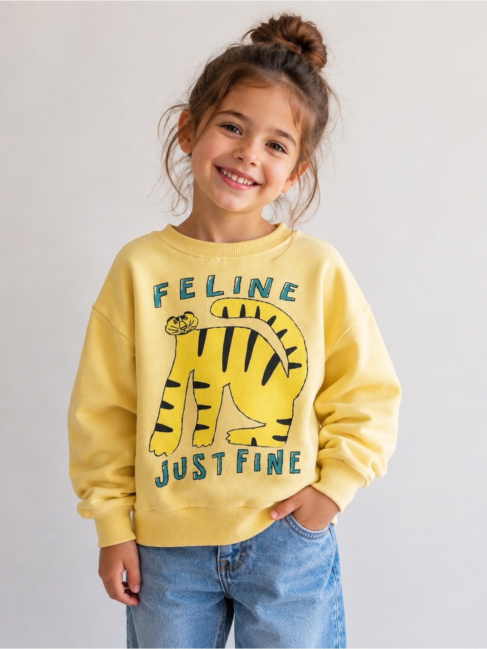 Zara Kids Feline Just Fine Tiger Graphic Sweatshirt Size 5 Yellow